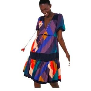 Farm Rio Floral Insects Mini Dress  Smal Multicolor l Boho V Neck Tassels